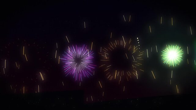 Vibrant festive fireworks display lighting up night sky in dynamic motion graphic style for holiday celebrations