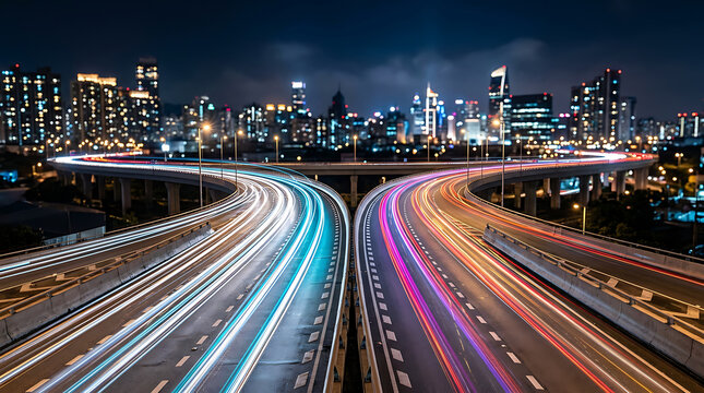 Vibrant cityscape featuring illuminated highways with dynamic light trails against a modern urban skyline at night