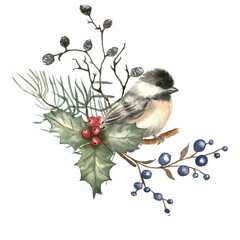 Watercolor Chickadee on Holly Branch Illustration © Violetta