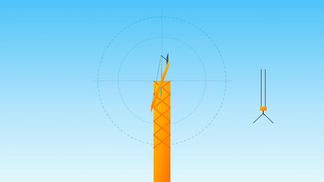 Timelapse animation of a tower crane constructing a building against a clear blue sky.