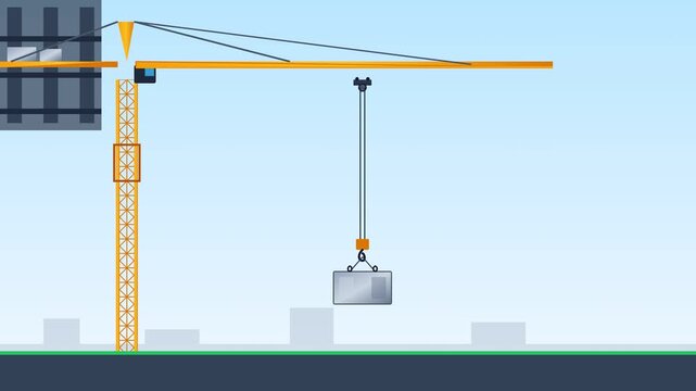 Timelapse animation of a construction crane lifting a container against a clear sky showcasing modern building development.