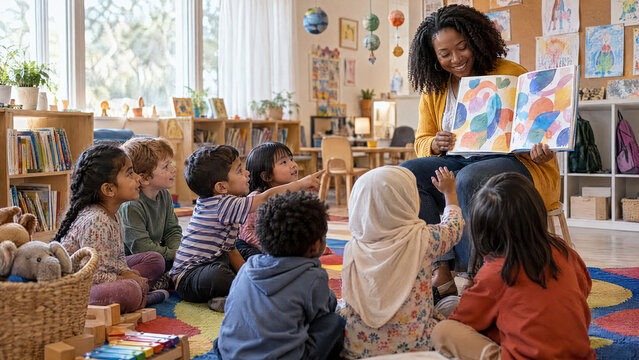Kindergarten Teacher Reading an Illustrated Storybook to Diverse Preschool Children Sitting Cross Legged on a Colorful Story Time Rug in a Bright Early Childhood Classroom with Soft Daylight