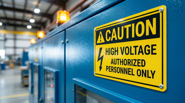 High voltage sign displayed on industrial electrical panel inside factory environment, emphasizing workplace safety and power distribution.
