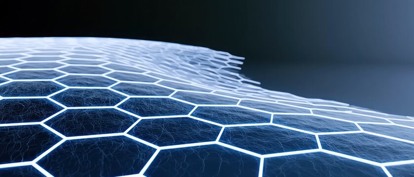 Abstract blue hexagonal grid surface with glowing lines in dark background