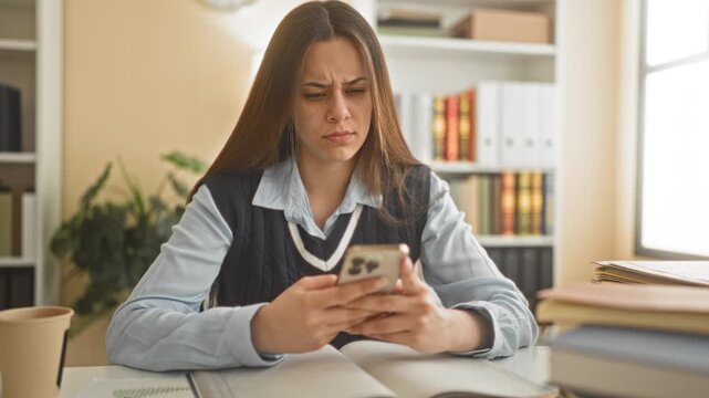 Young woman student in uniform holds smartphone, frowns and gestures with hand while seated at a study desk with open books and folders in building; frustration focus.