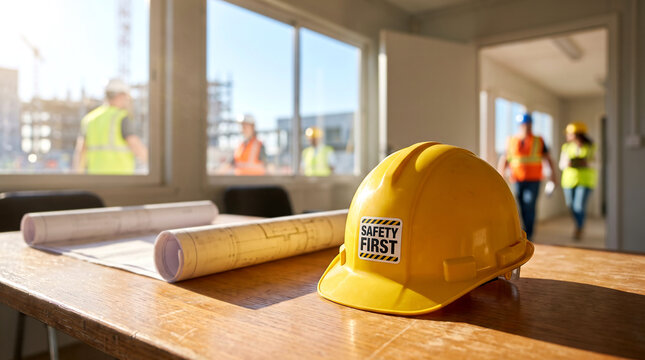 Hard hat resting on wooden table with blueprints inside construction office, representing safety regulations and planning.