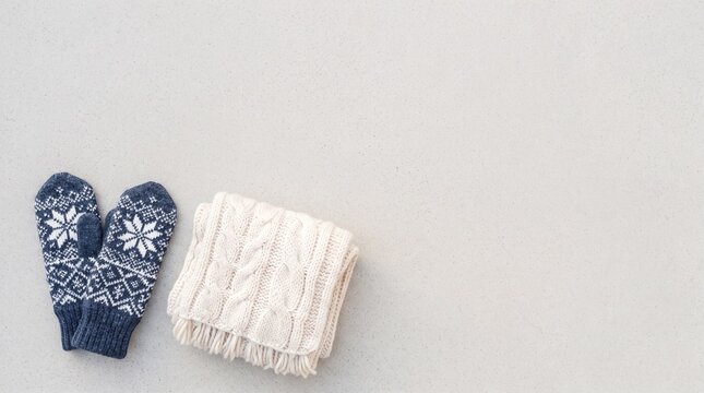 Knitted mittens and a folded scarf isolated on white background