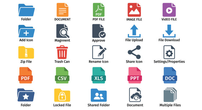 Collection Of Flat File Type Icons On A White Background