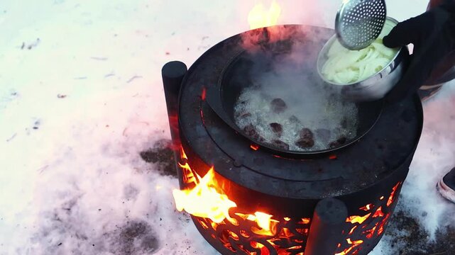 Person adding sliced onions to meat cooking in a black pan over an open fire outdoors in winter, with steam, bright flames and snow surrounding the wood stove.