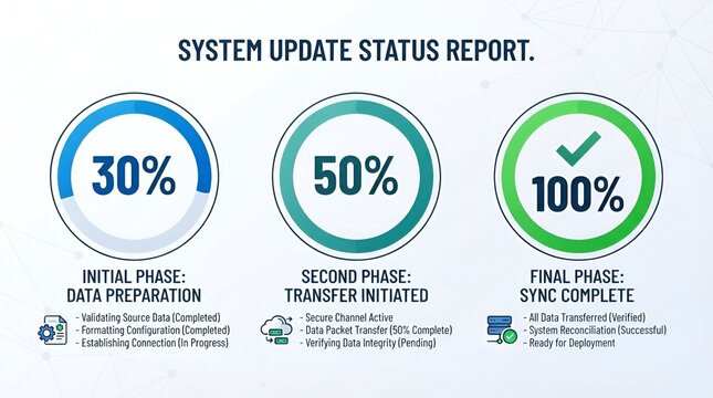 System update status report infographic showing progress bars with