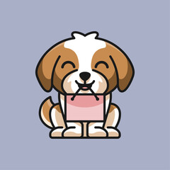 Fototapeta premium Endearing Puppy Sitting and Holding a Pink Paperbag with a Heart, Adorable Cartoon Dog Character Illustration for Love, Friendship and Greeting Messages