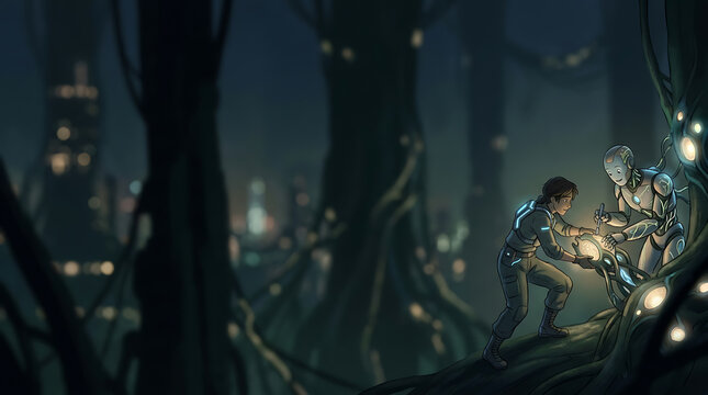 Futuristic Astronaut and Robot Exploring a Mysterious Bioluminescent Alien Forest with Glowing Flora