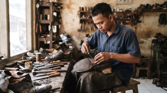 Skilled Shoemaker Repairing Leather Shoes in Workshop