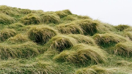 Obraz premium Dense wild grass tufts covering a rolling hillside under an overcast sky