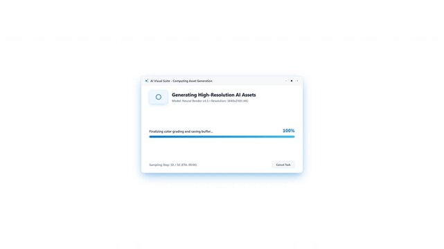 Clean 2D generic UI motion graphics showing a floating task window generating AI visual assets with a shimmer loading preview frame, blue progress bar, and blue ambient shadow, transitioning into a gr