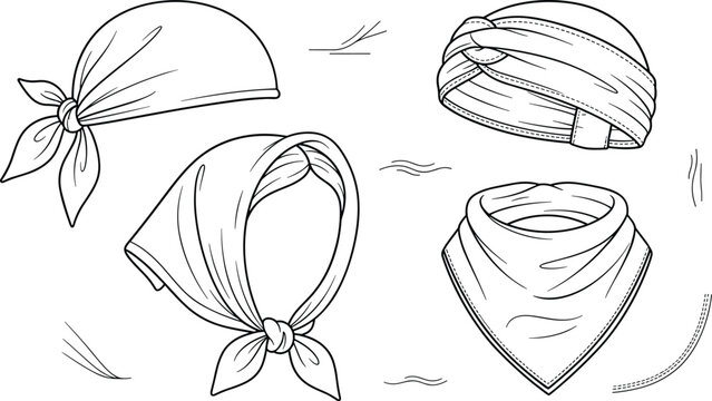 Fashion Bandana Vector Icon Set with Tying Headscarf Retro Head Wrap Neck Gaiter and Biker Durag Headwear Illustrations