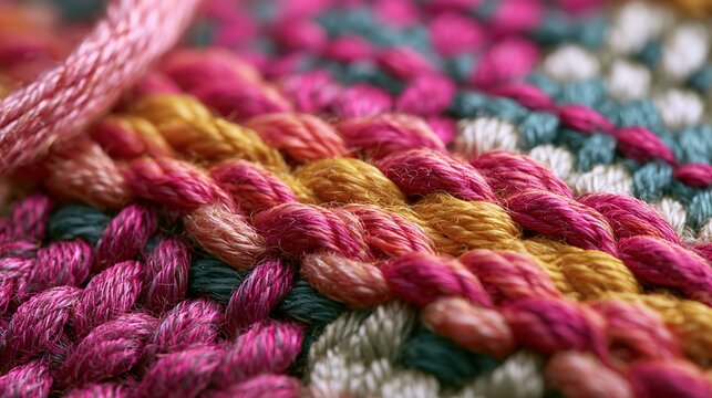 Braided pink, yellow and orange yarn in colorful woven texture