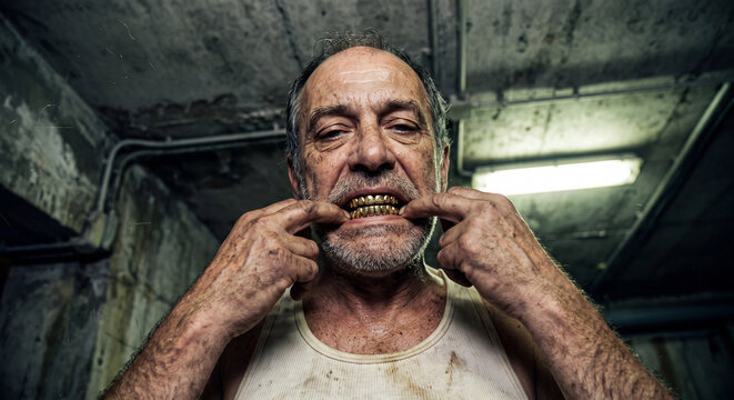 Intense close-up portrait of an older man with hands pressed against his face under harsh industrial lighting. Raw, emotional and dramatic character study.
