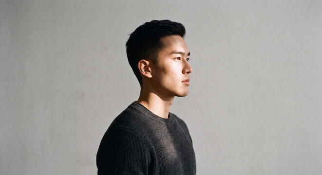 Clean side profile portrait of a young man with short dark hair against a plain grey studio background. Simple, professional and versatile for editorial use.