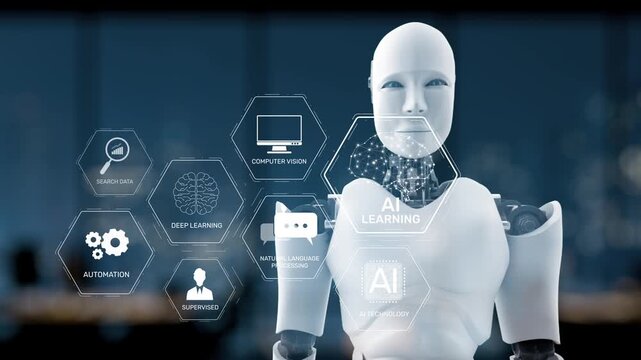 A sleek, futuristic robot interacts with a digital interface representing various artificial intelligence concepts, set in a modern workspace, symbolizing innovation. Synapse