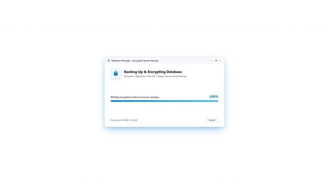 Clean 2D generic UI motion graphics showing a floating task window encrypting and backing up system database files with a blue progress bar and blue shadow glows, transitioning into a green secure com