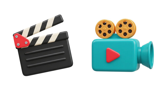 Movie clapperboard and video camera 3D icon set. Features a black film slate and a cyan projector with reels. Colorful 3D rendering for cinema production, video streaming, and media.
