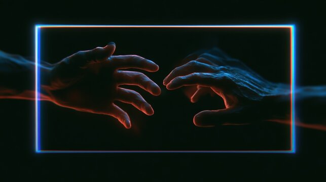 Two hands hovering in darkness lit by red and blue glow