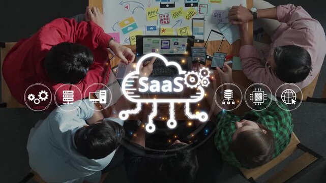 A vibrant team collaborates in a modern office, discussing SaaS solutions and innovative strategies. The scene captures a dynamic approach to cloud technology. Raster