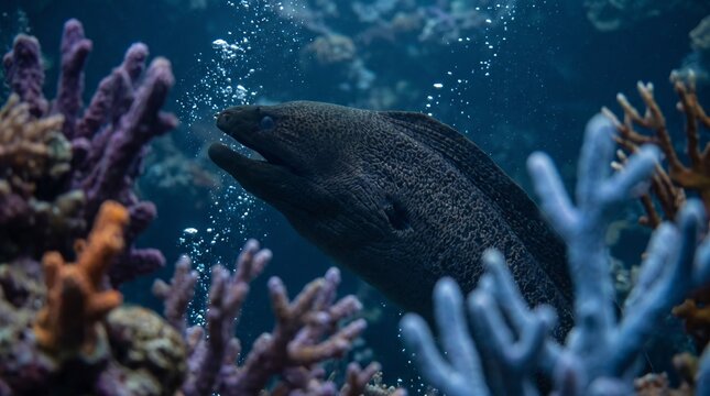 Scary giant moray eel swimming gracefully through deep blue ocean, surrounded by colorful coral reefs