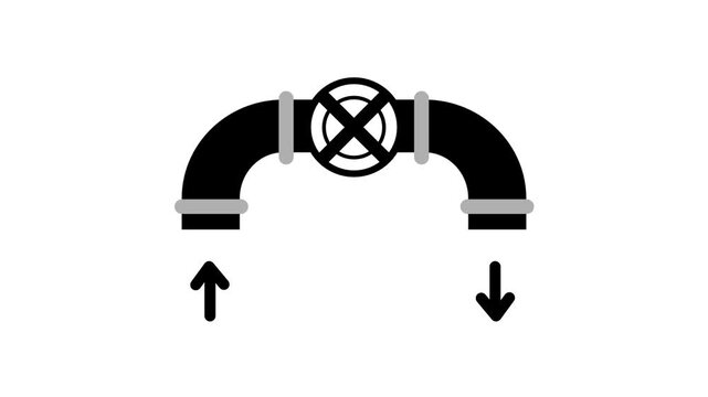 Black curved pipe icon with a valve wheel and up and down arrows at both ends on a white background symbolizing fluid flow control and regulation