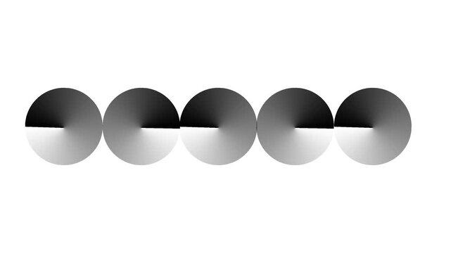 Row of five circles with gradient shading and black wedge cutouts on a white background symbolizing loading progress rotation and repeating motion