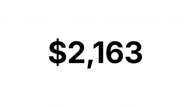Fast dollar number count from 0 to $3000 with black ink drops on a transparent background