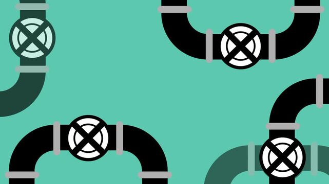 Seamless pattern of black curved pipes with valve wheels and gray fittings on a teal background for industrial plumbing and water flow control themes