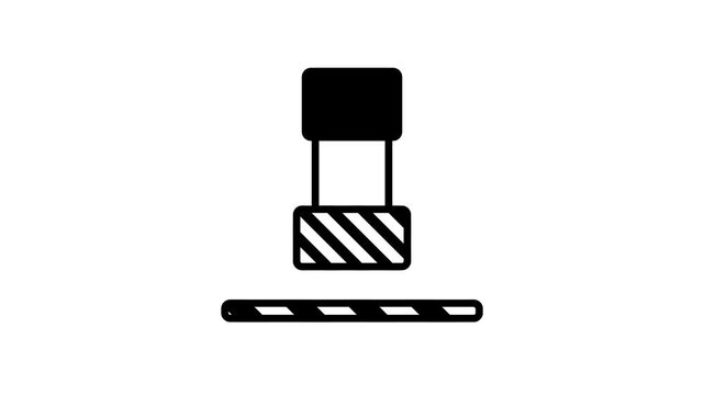 Black icon of a hydraulic press piston with a hazard striped block pressing down on a flat bar on a white background symbolizing force and compression