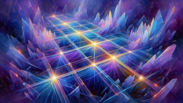 Abstract Crystal Network with Glowing Orbs