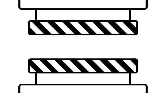 Black outline icon of an industrial press frame squeezing two hazard striped plates between platforms on a white background symbolizing crushing force