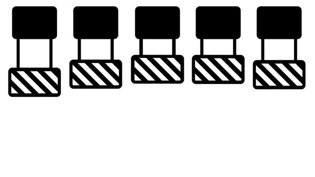 Row of five black piston icons with hazard striped blocks at staggered heights on a white background symbolizing sequence stamping and automation