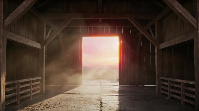 Sunlight Pouring Through Open Barn Doors at Sunset Revealing Peaceful Countryside Beyond