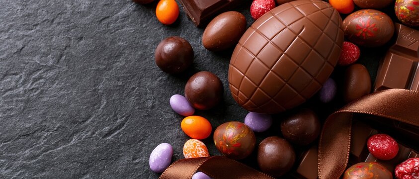 Assorted easter chocolates arranged on dark textured stone with copyspace on left