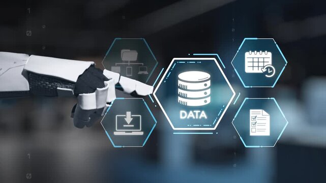 A robotic hand interacts with a digital display of data icons, representing the integration of technology and analytics in modern business environments for enhanced decision-making. Salient