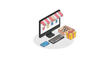 Obraz premium Corporate Online Shopping Computer Display Showing Clothing with Gift Boxes and Credit Card with high quality professional line art symbols for modern creative design and digital branding projects