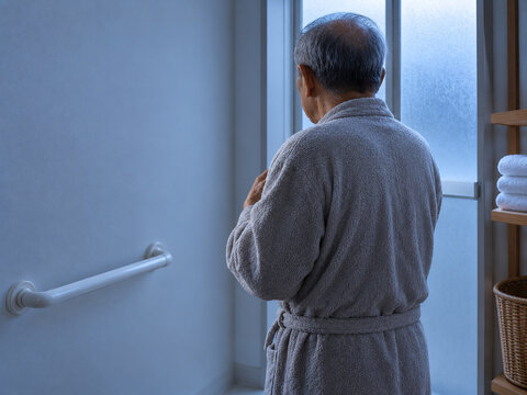 冬の脱衣所でバスローブ姿の高齢男性の後ろ姿　胸を押さえるヒートショックのイメージ