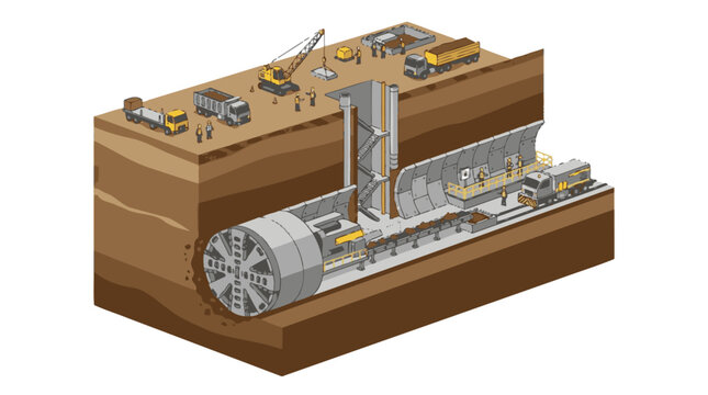 Corporate of Underground Tunnel Boring Machine Operation with Heavy Machinery and Workers with high quality professional line art symbols for modern creative design and digital branding projects
