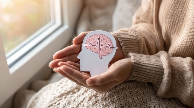 Caring hands holding human head paper cutout with brain and heartbeat line for mental health awareness