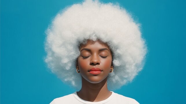 Serene Black Woman with Cloud Afro Hair Meditating on Blue Background