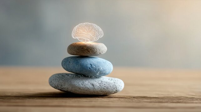 Balanced Zen Stones with Glowing Brain for Mental Health and Emotional Wellbeing Concept