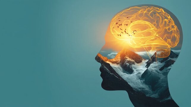 World Mental Health Day concept with glowing brain silhouette and mountains for mindfulness and peace