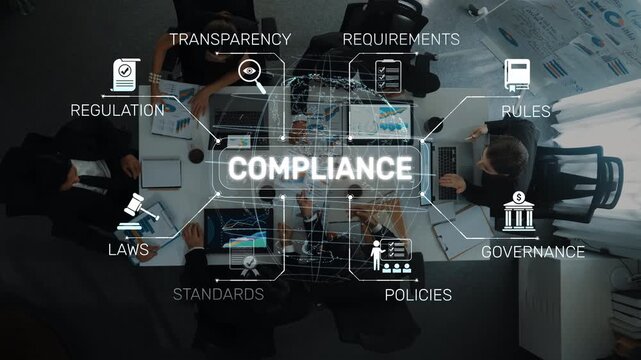 A top-down view of a business meeting focused on compliance with regulations and standards. Key themes include transparency, governance, and effective management for corporate success. Raster