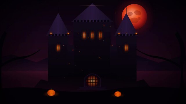Eerie Halloween Castle at Night with Spooky Blood Moon and Pumpkins.