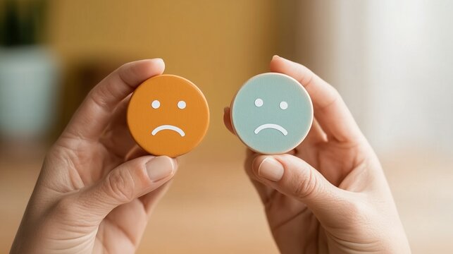 Hands Holding Sad Face Icons Representing Depression, Emotional Support and Mental Health Awareness